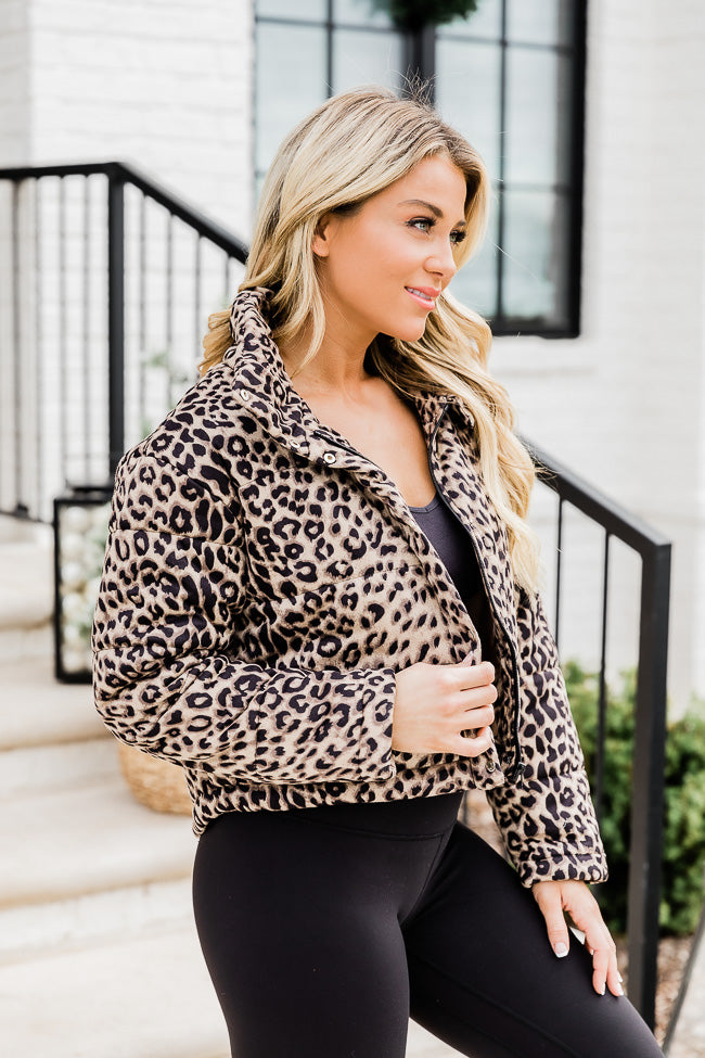 Make You Believe Brown Cropped Animal Print Puffer Jacket
