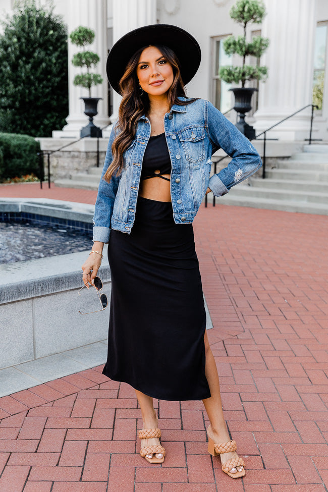 Black Maxi Long Dress With Denim Jacket Long Black Skirt Outfits