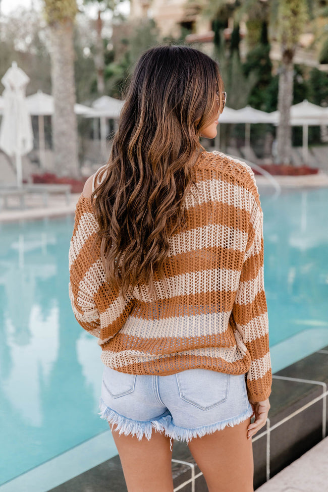 Stay The Night Camel Striped Open Knit Sweater