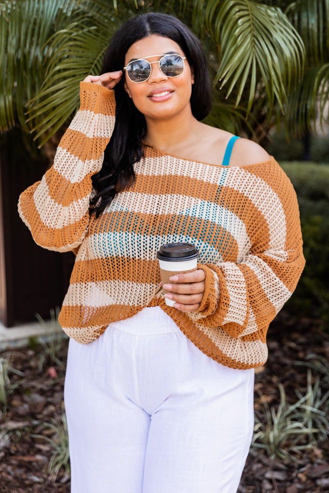 Stay The Night Camel Striped Open Knit Sweater