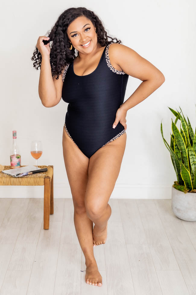 All Over Again Black Ribbed Animal Print Trim One Piece Swimsuit FINAL SALE