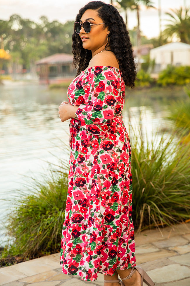Not The only Ones Pink Off The Shoulder Floral Midi Dress FINAL SALE