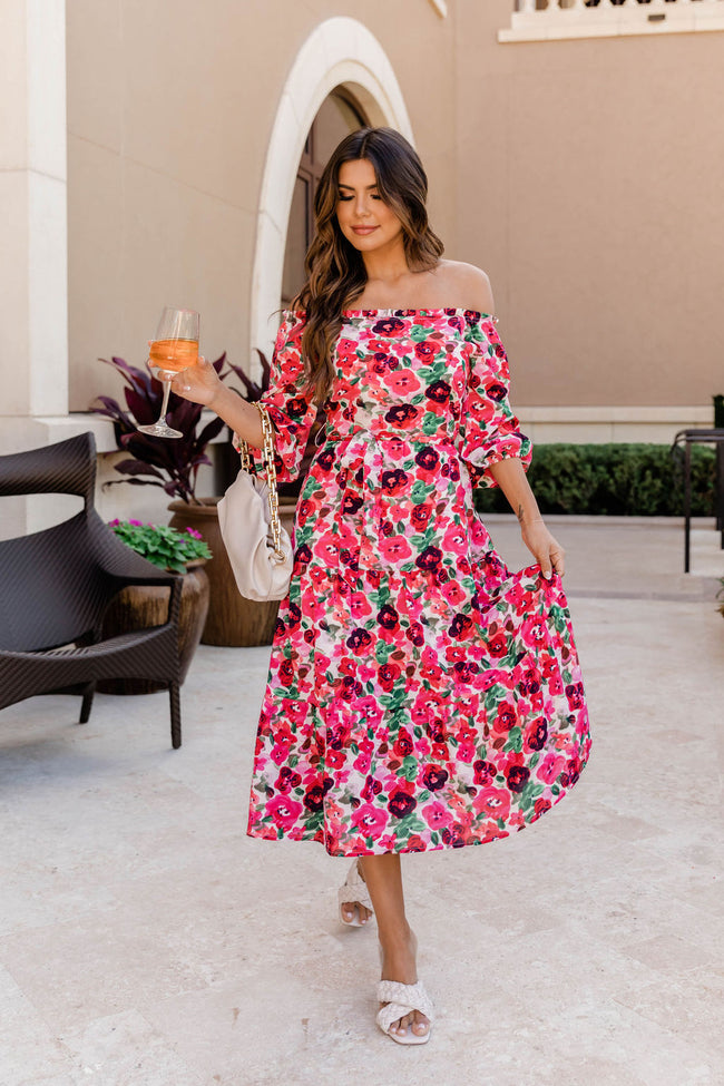 Not The only Ones Pink Off The Shoulder Floral Midi Dress FINAL SALE