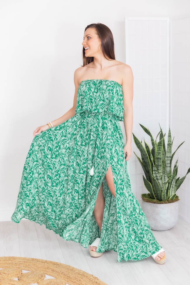 Fading Sun Green Strapless Printed Maxi Dress FINAL SALE