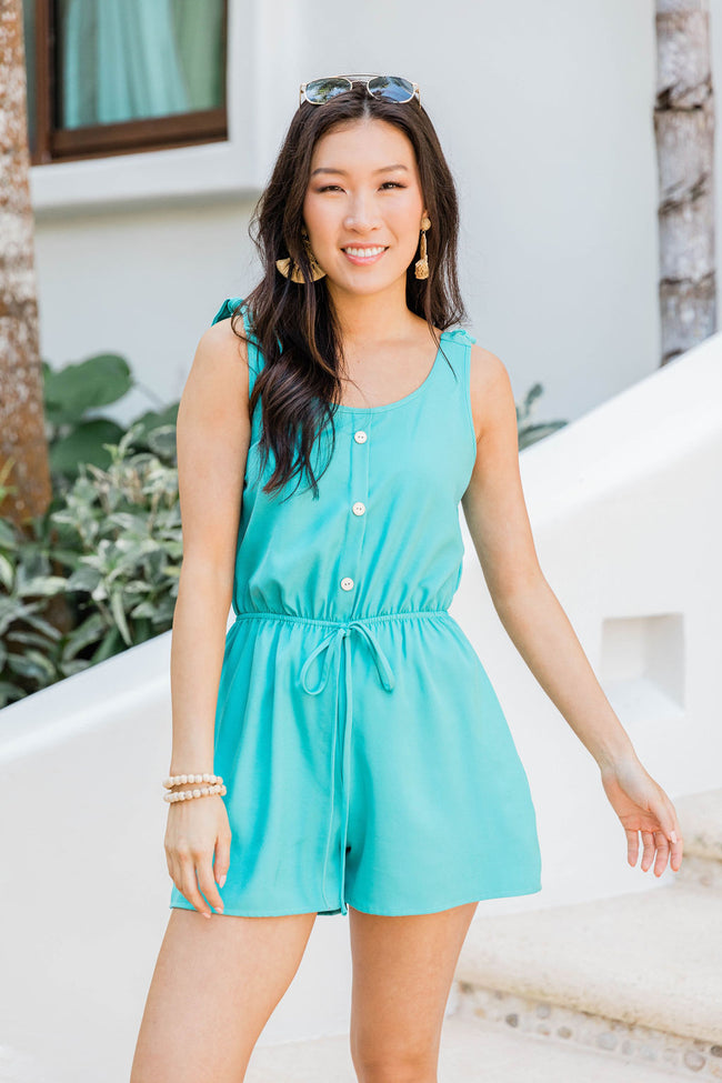 Saturday Afternoon Teal Tie Strap Button Romper FINAL SALE