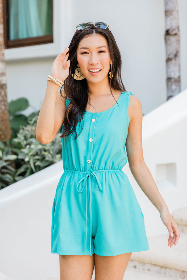 Saturday Afternoon Teal Tie Strap Button Romper FINAL SALE