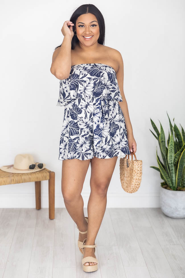 Midday Cruise Navy Strapless Belted Floral Romper FINAL SALE