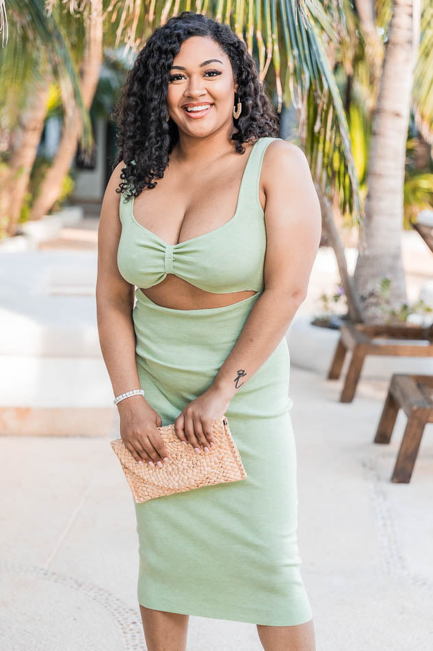 Going In Circles Green Ribbed Cutout Midi Dress FINAL SALE