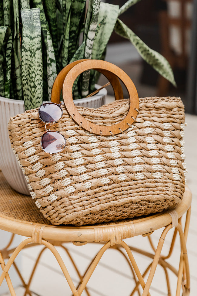 Mini Khaki Round Woven Beach Straw Bag for Ladies