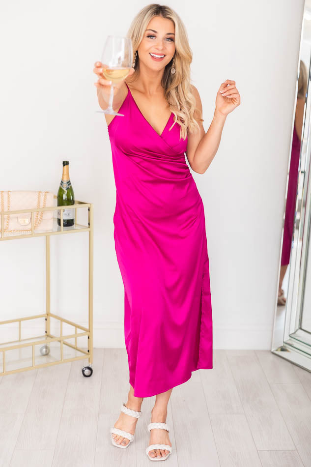 Distracted Thoughts Magenta Satin Faux Wrap Midi Dress FINAL SALE