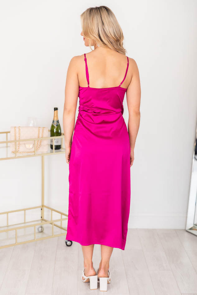 Distracted Thoughts Magenta Satin Faux Wrap Midi Dress FINAL SALE