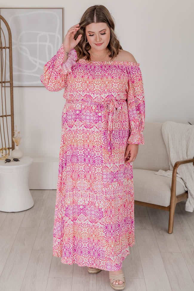 Dynamic Love Pink Printed Off The Shoulder Maxi Dress FINAL SALE