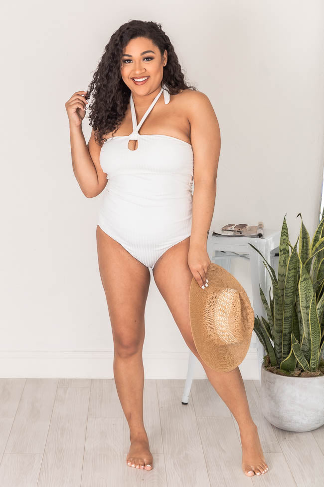 Folly Beach White Ribbed Halter One Piece Swimsuit FINAL SALE