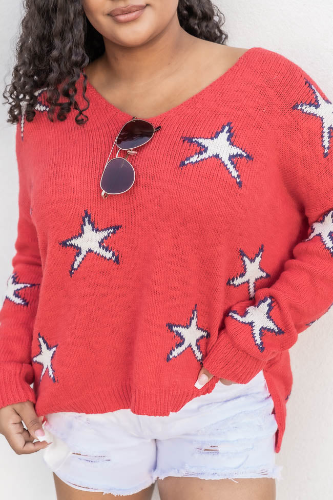 Take A Minute Red Star Print V-Neck Sweater FINAL SALE