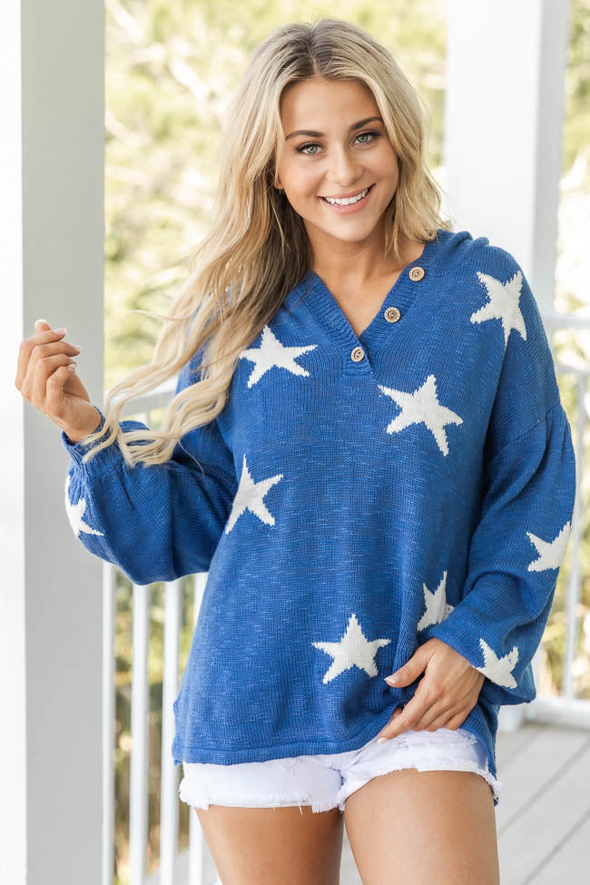 Memorable Magic Blue Star Print Hooded Henley Sweater FINAL SALE