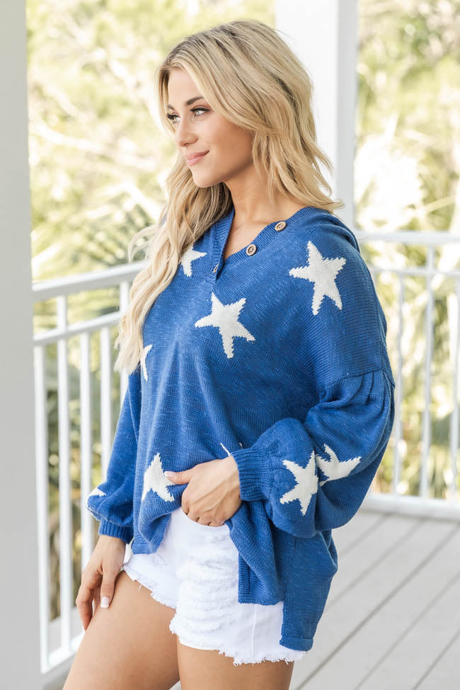 Memorable Magic Blue Star Print Hooded Henley Sweater FINAL SALE