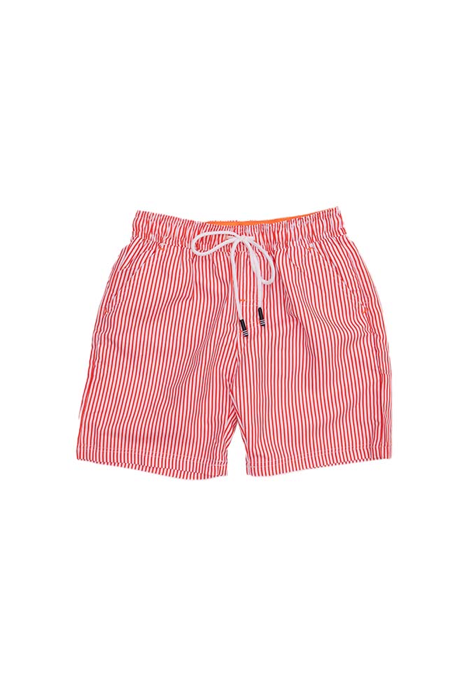 Red and white store striped swim trunks