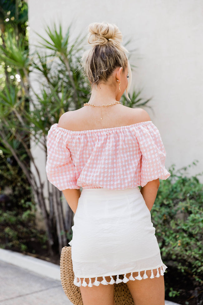 Hopeless Romantic Pink Gingham Off The Shoulder Cropped Blouse FINAL SALE