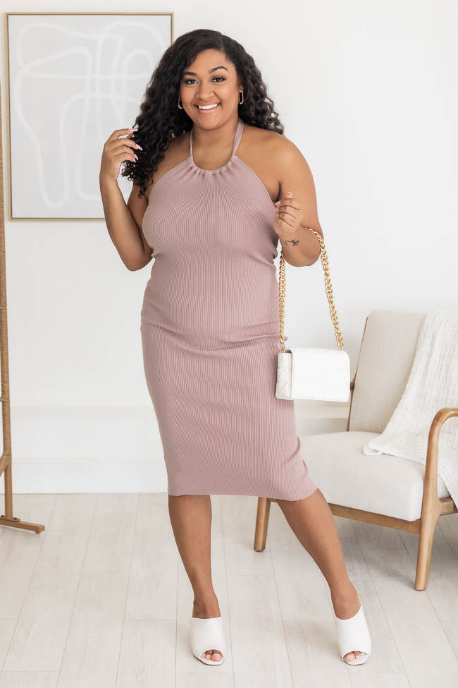 On The List Taupe Halter Ribbed Midi Bodycon Dress FINAL SALE