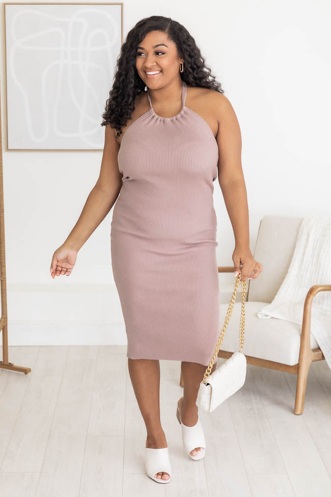 On The List Taupe Halter Ribbed Midi Bodycon Dress FINAL SALE