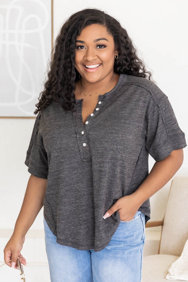 Love and Laughter Henley Short Sleeve Charcoal Blouse