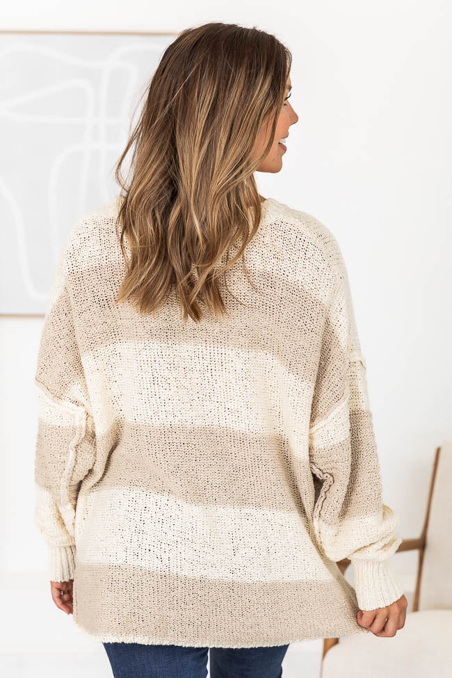 Know You Best Beige Oversized Striped Henley Sweater
