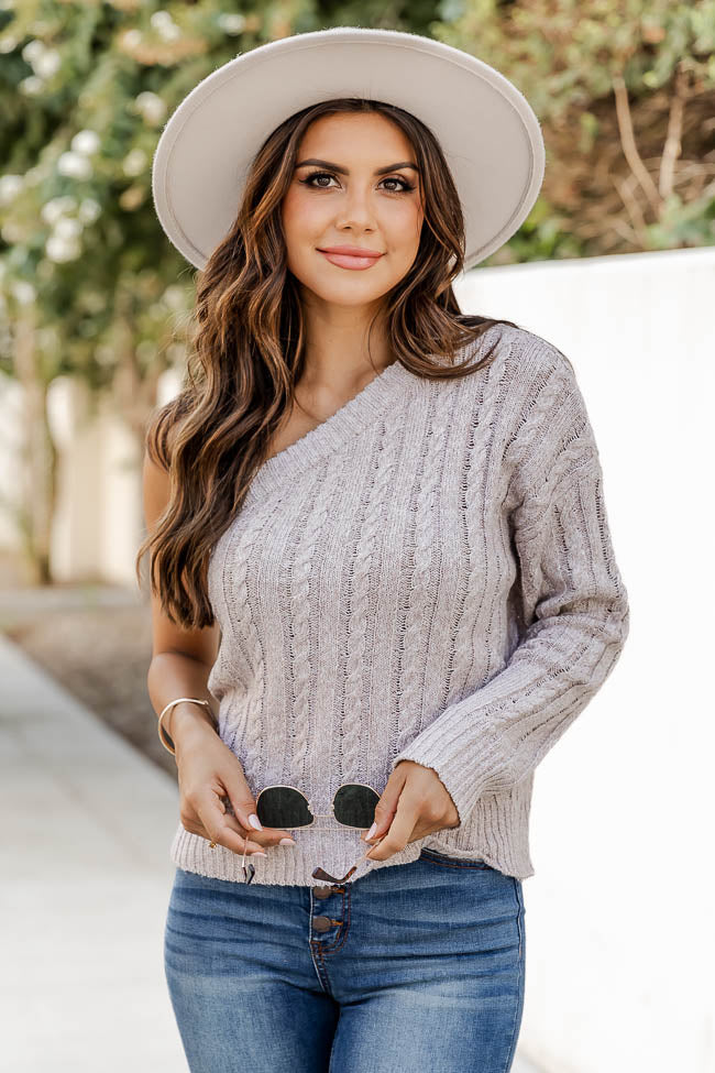 Make My Heart Race Taupe Cable Knit One Shoulder Sweater FINAL SALE