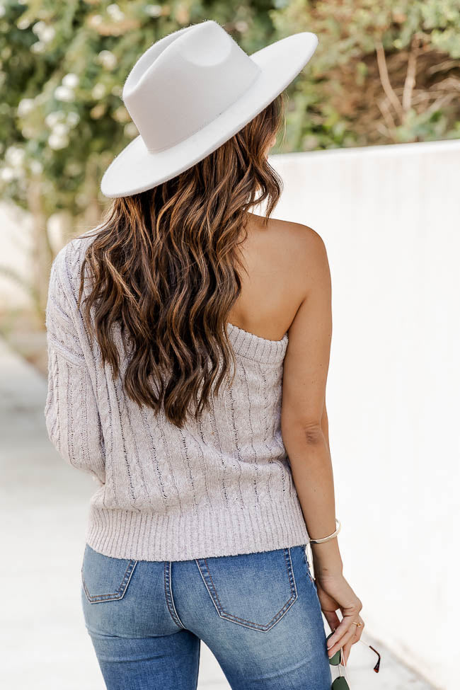 Make My Heart Race Taupe Cable Knit One Shoulder Sweater FINAL SALE