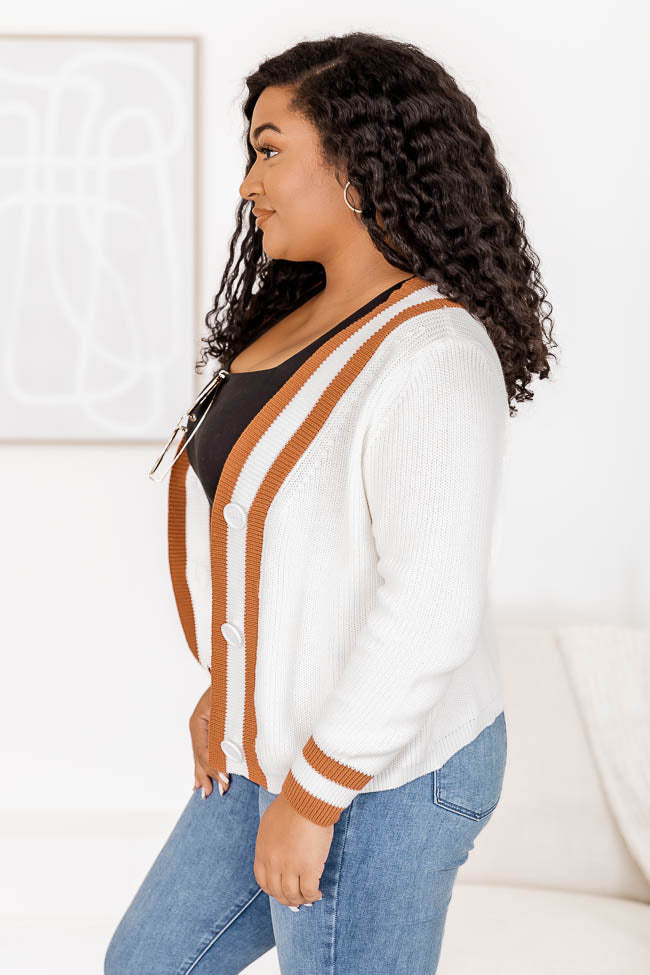 All In The Details Ivory/ Brown Varsity Style Cardigan