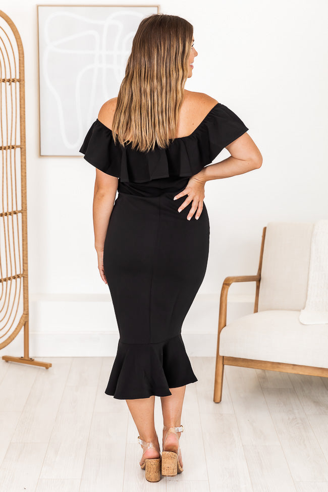 Latest And Greatest Black Ruffled Off The Shoulder Midi Dress