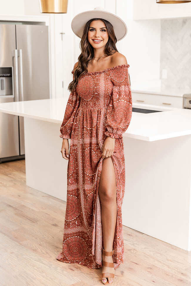 Sounds In My Mind Brick Smocked Bust Off The Shoulder Printed Maxi Dress