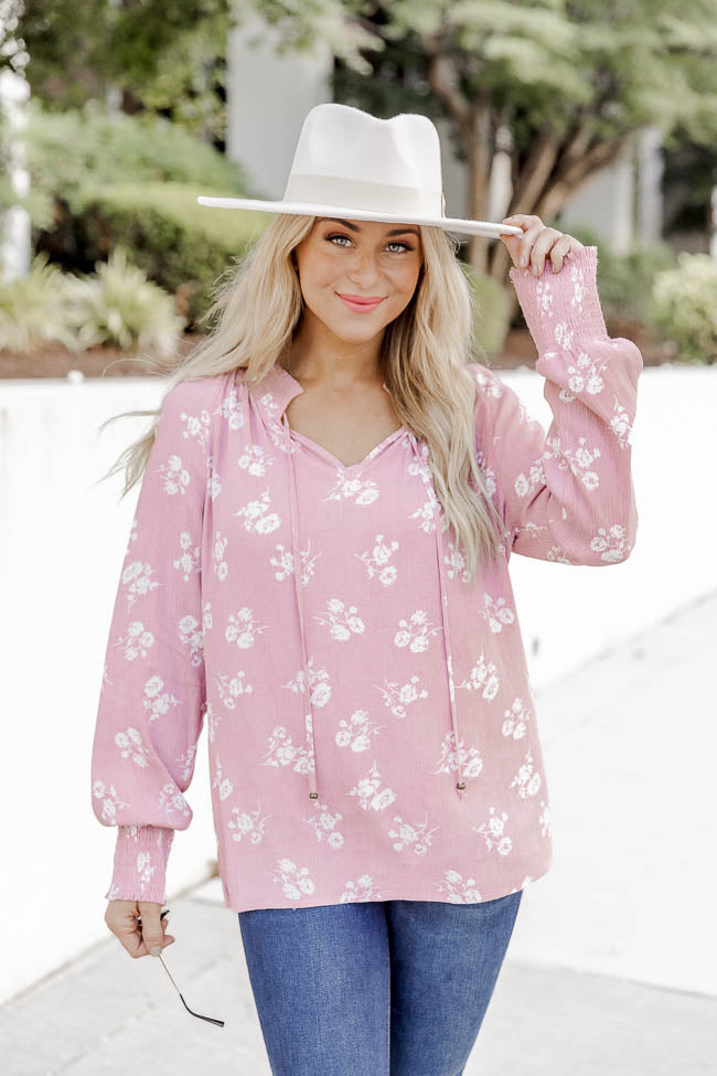 Get A Feeling Pink Floral Notched Neck Blouse