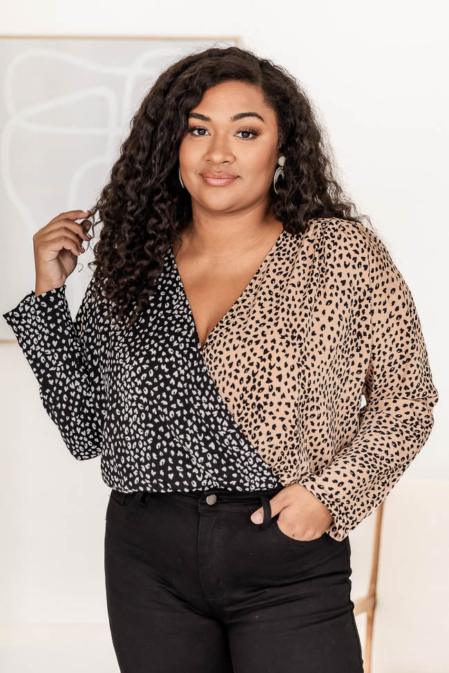 Can't Deny My Love Black and Taupe Spliced Leopard Print Bodysuit FINAL SALE