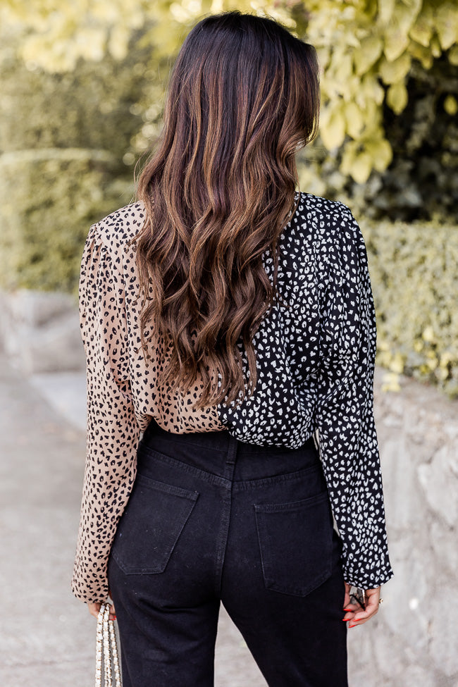 Can't Deny My Love Black and Taupe Spliced Leopard Print Bodysuit FINAL SALE