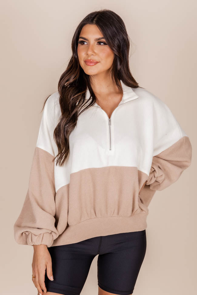 Love Me Or Not Beige And Cream Colorblock Quarter Zip Pullover FINAL SALE