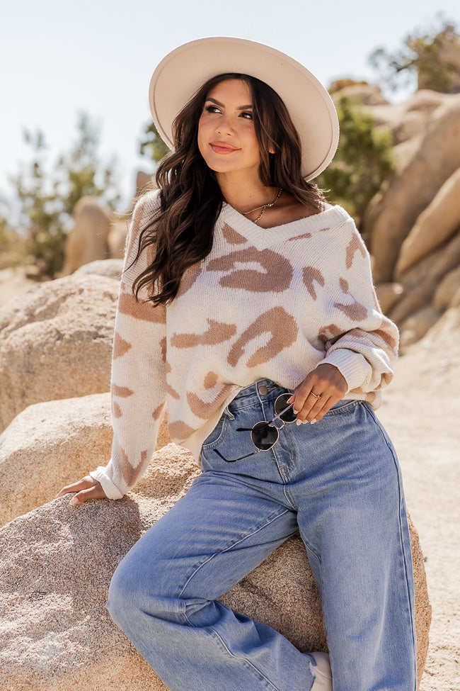 Wild Expectations Taupe And Ivory Cheetah Print Sweater