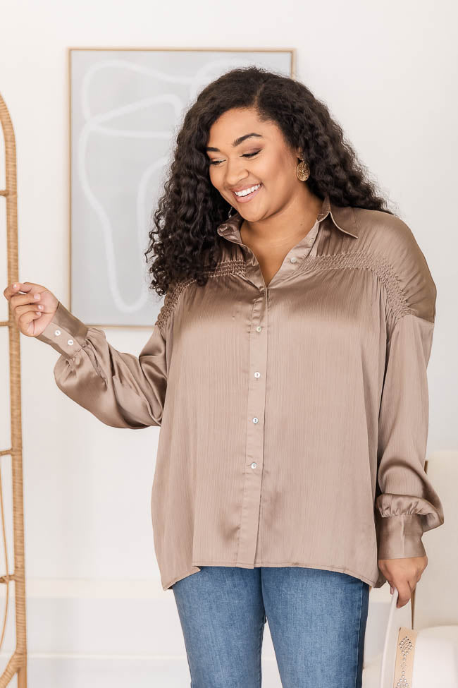 Just Hold My Hand Taupe Shirred Shoulder Button Up Blouse FINAL SALE