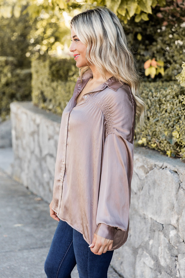 Just Hold My Hand Taupe Shirred Shoulder Button Up Blouse FINAL SALE