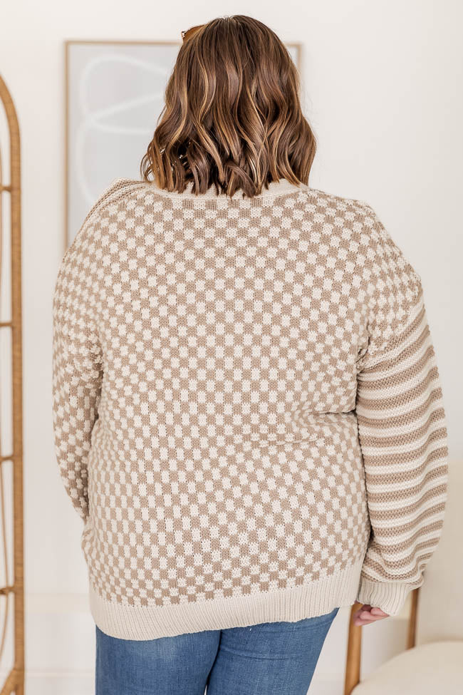 Time To Waste Oversized Beige Checkered and Striped Cardigan