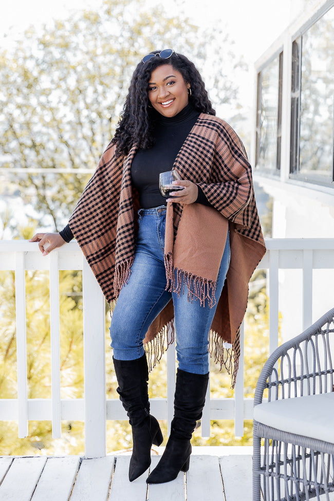 All The Answers Black And Tan Plaid Poncho