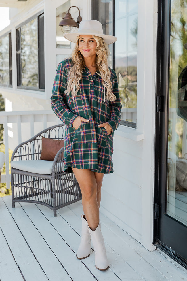Changing With The Leaves Green Hooded Plaid Mini Dress FINAL SALE