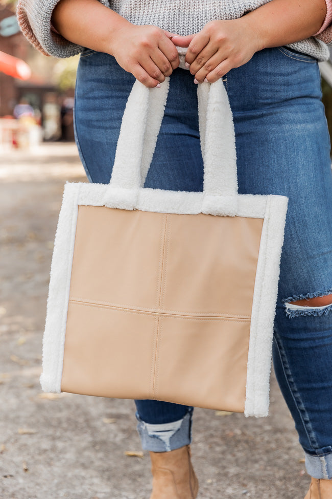 On Your Own Taupe Leather And Sherpa Trim Tote