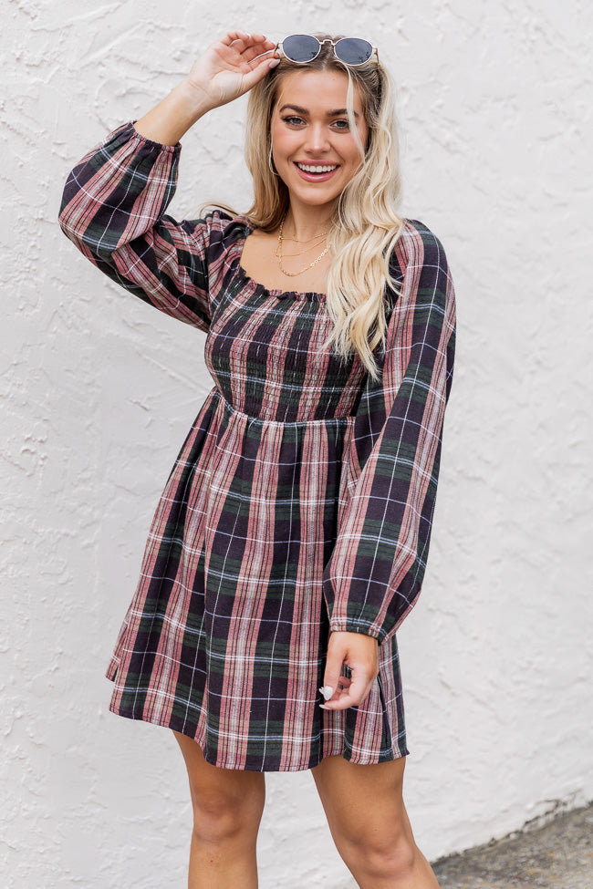For A While Green Plaid Smocked Bust Dress