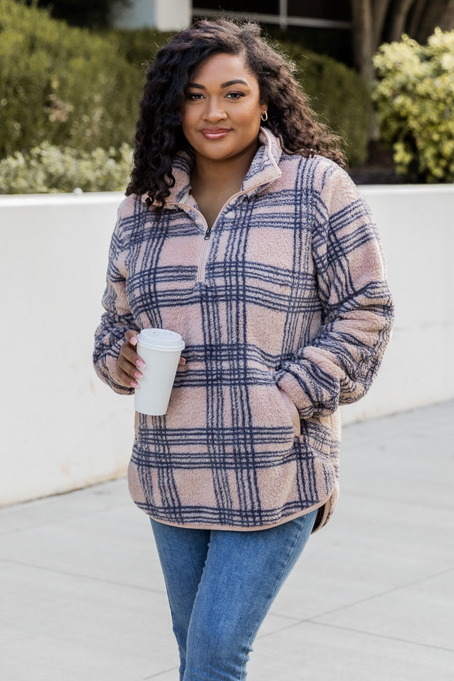 Stay A While Longer Beige Plaid Sherpa Pullover
