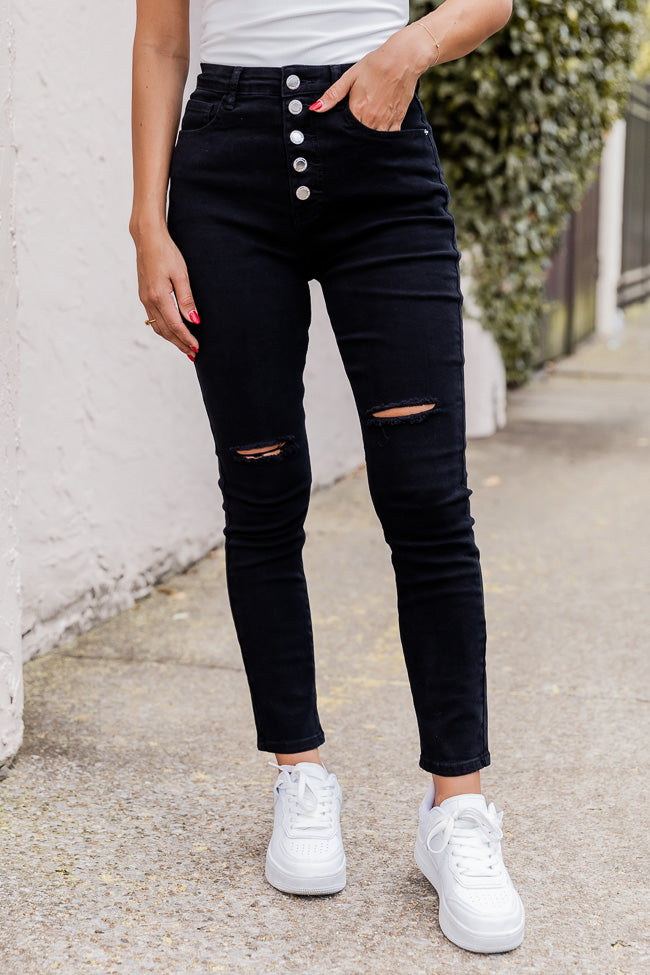 Allison Black Button Fly Distressed Skinny Jeans