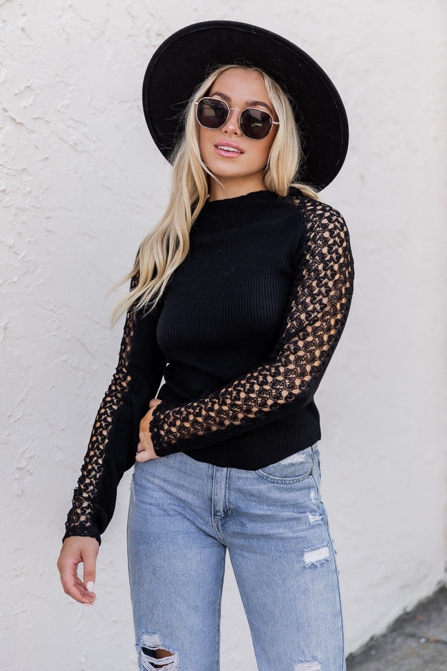 Not Over You Black Mock Neck Lace Sleeve Blouse