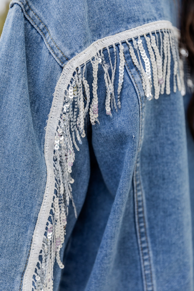 Blue B Rhinestone Fringe Denim Jacket - Women's Coats/Jackets in Off White
