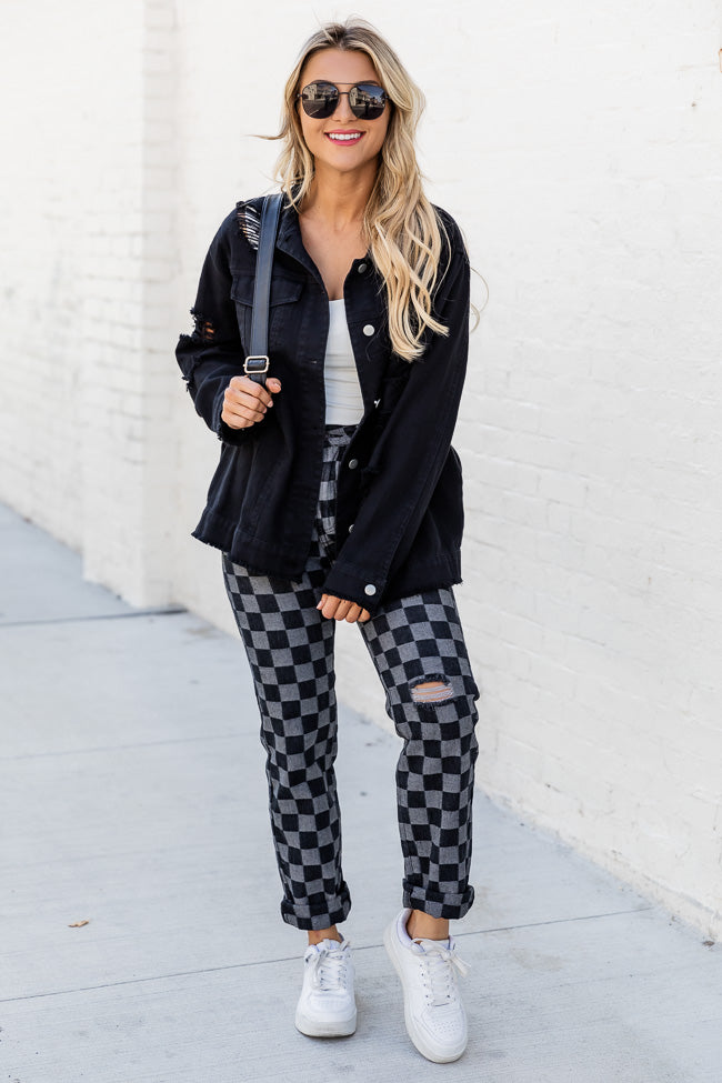 Mallory Black And Grey Checkered High Waisted Straight Leg Jeans FINAL SALE