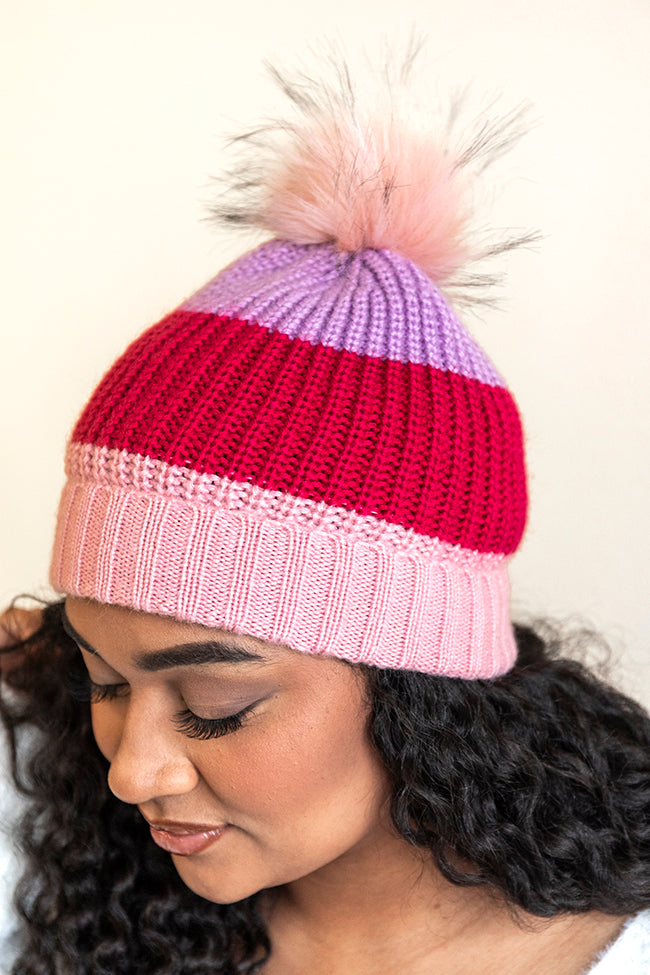 Dream Of You Purple And Pink Colorblock Pom Beanie