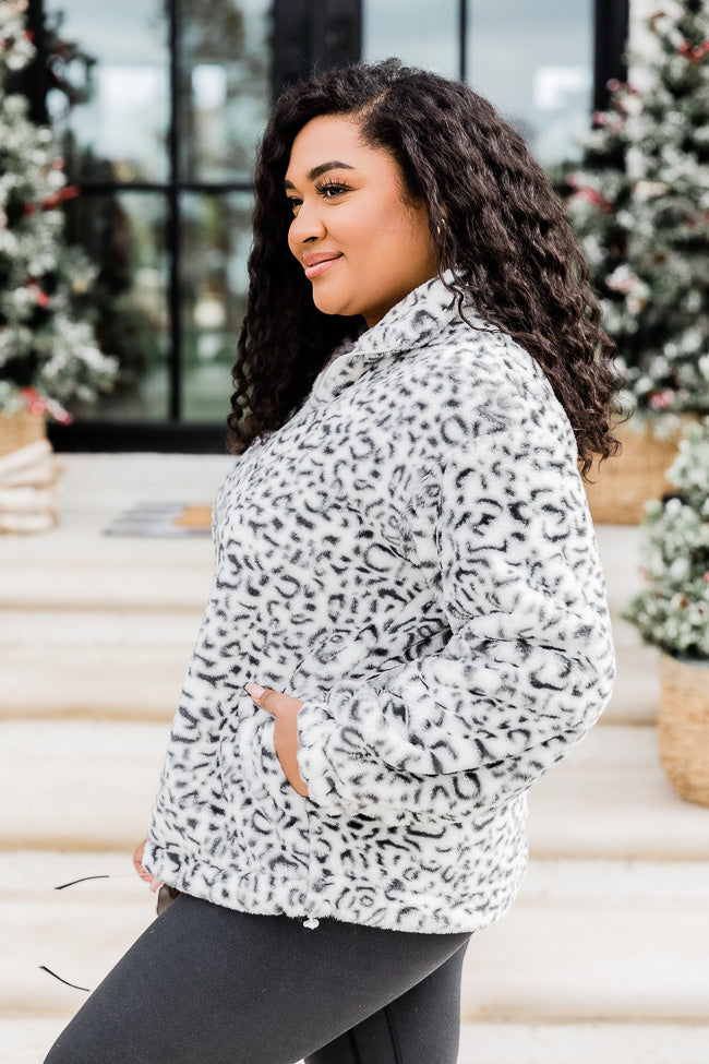 Too Much Fun Fuzzy Black And Ivory Leopard Print Quarter Zip